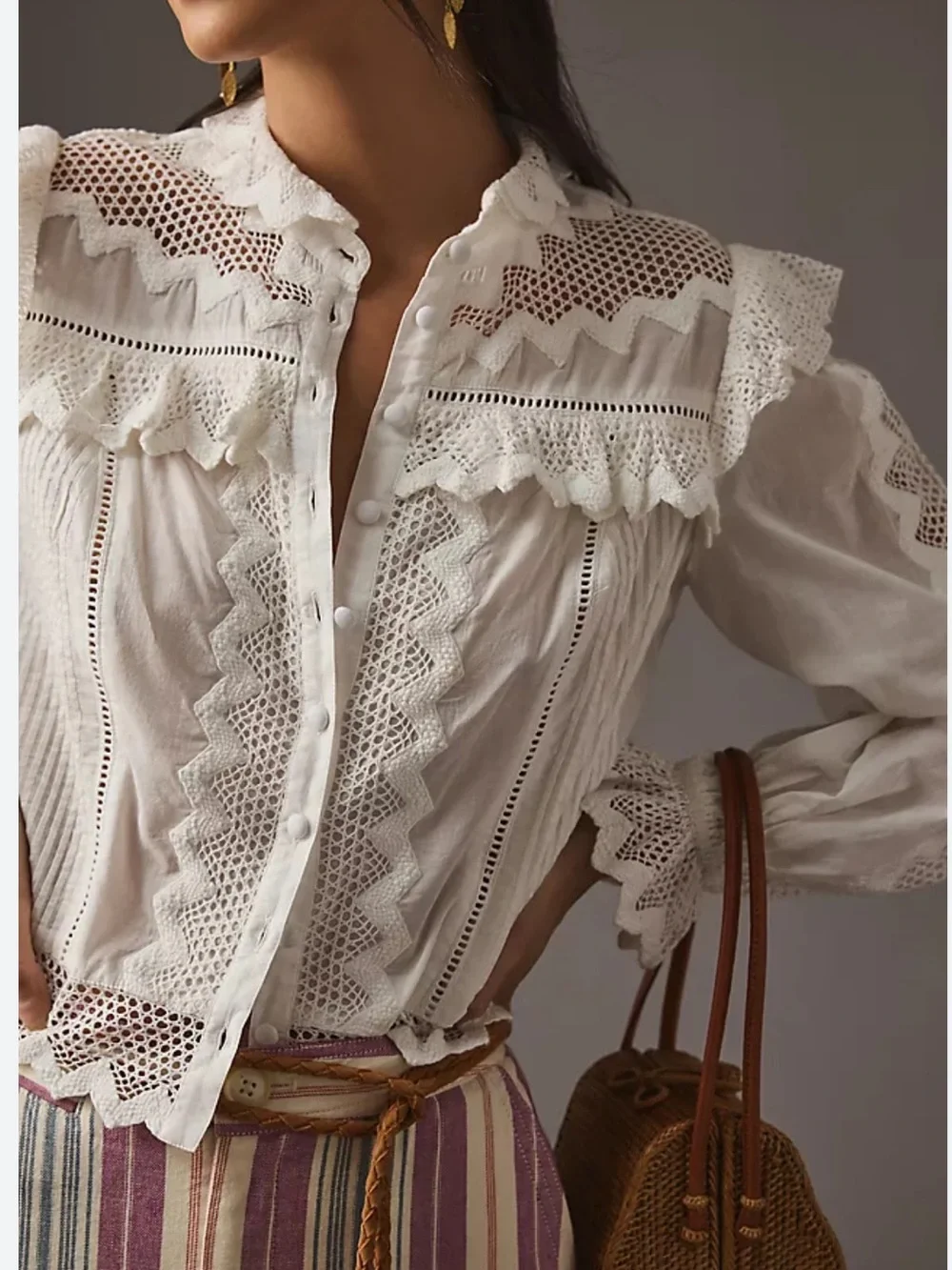 By Anthropologie Ruffled Lace  White Eyelet Lace Button-Front Blouse. Size S